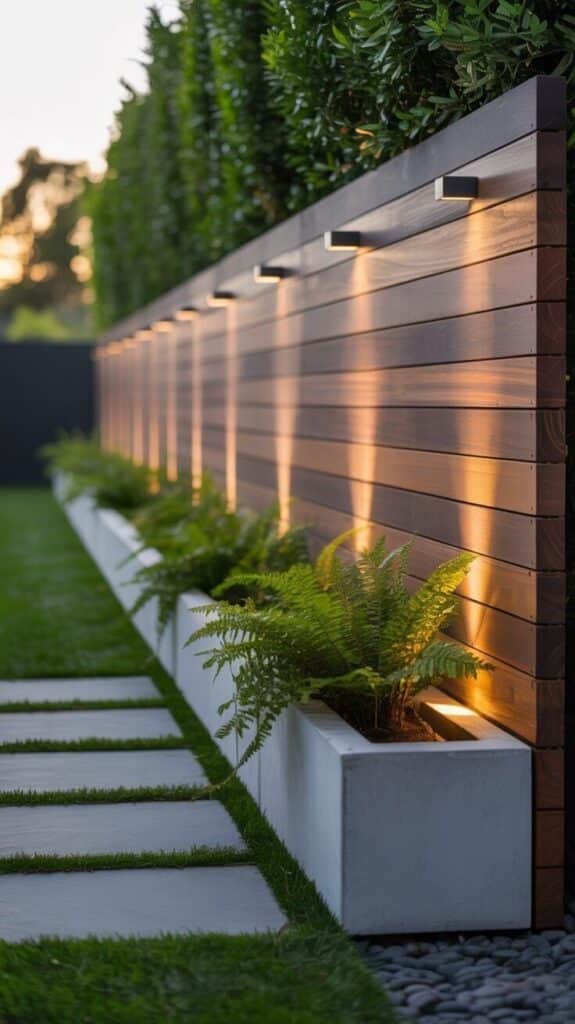 Wood-Tone Horizontal Composite Fence with Accent Lighting
