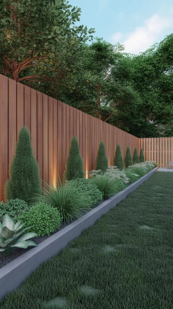 Natural Wood-Look Composite Fence with Layered Landscaping